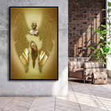 3D Effect Art Fallen Angel Iron Mesh Glitter Gold Background V2 Framed Canvas Prints Wall Art - Painting Canvas,Floating Frame,Wall Decor