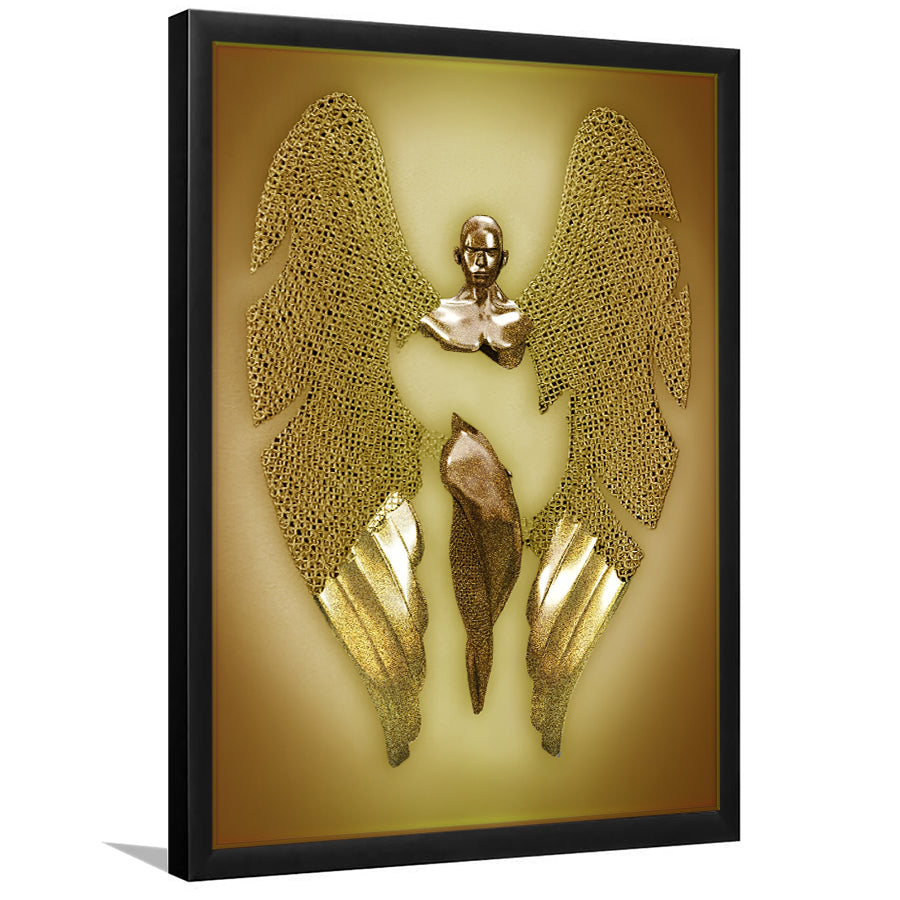 3D Effect Art Fallen Angel Iron Mesh Glitter Gold Background V2 Framed Art Print Wall Decor - Painting Art,Framed Picture,Wall Art