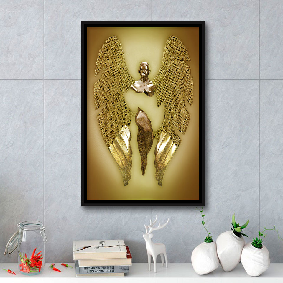 3D Effect Art Fallen Angel Iron Mesh Glitter Gold Background V2 Framed Canvas Prints Wall Art - Painting Canvas,Floating Frame,Wall Decor