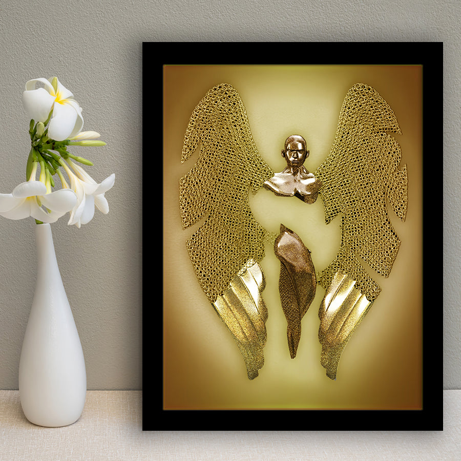 3D Effect Art Fallen Angel Iron Mesh Glitter Gold Background V2 Framed Art Print Wall Decor - Painting Art,Framed Picture,Wall Art