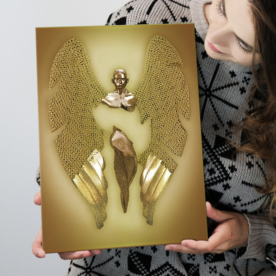 3D Effect Art Fallen Angel Iron Mesh Glitter Gold Background V2 Canvas Prints Wall Art - Painting Canvas, Home Wall Decor, For Sale