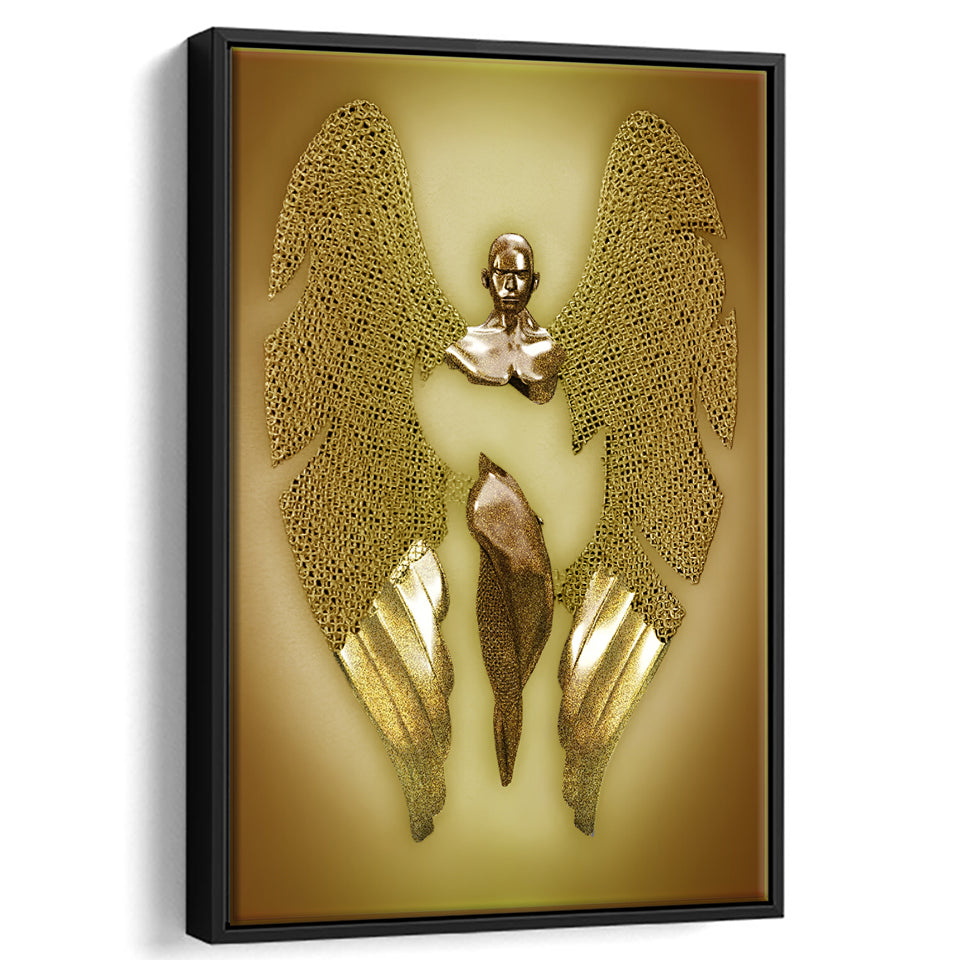 3D Effect Art Fallen Angel Iron Mesh Glitter Gold Background V2 Framed Canvas Prints Wall Art - Painting Canvas,Floating Frame,Wall Decor