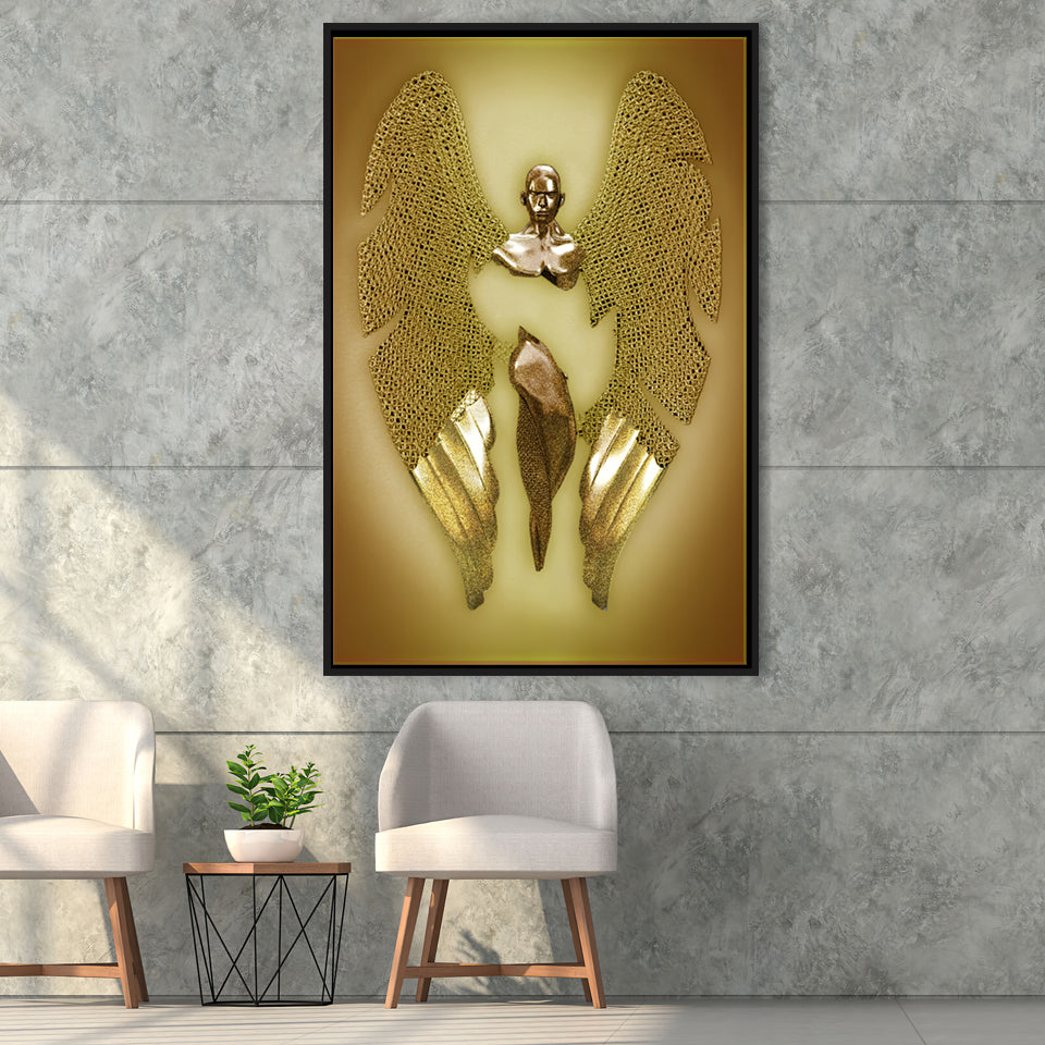 3D Effect Art Fallen Angel Iron Mesh Glitter Gold Background V2 Framed Canvas Prints Wall Art - Painting Canvas,Floating Frame,Wall Decor