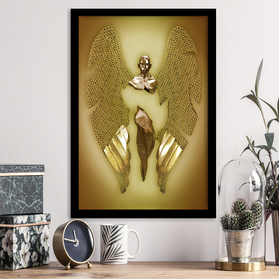 3D Effect Art Fallen Angel Iron Mesh Glitter Gold Background V2 Framed Art Print Wall Decor - Painting Art,Framed Picture,Wall Art