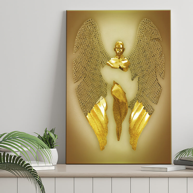 3D Effect Art Fallen Angel Iron Mesh Glitter Gold Background V3 Canvas Prints Wall Art - Painting Canvas, Home Wall Decor, For Sale