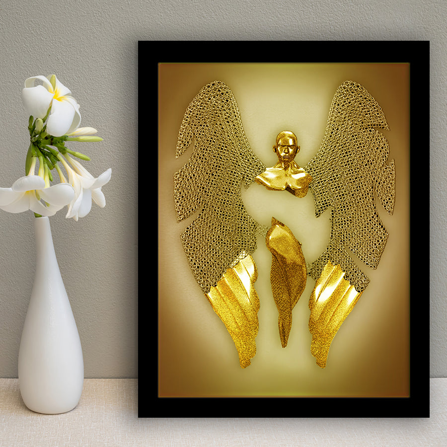 3D Effect Art Fallen Angel Iron Mesh Glitter Gold Background V3 Framed Art Print Wall Decor - Painting Art,Framed Picture,Wall Art