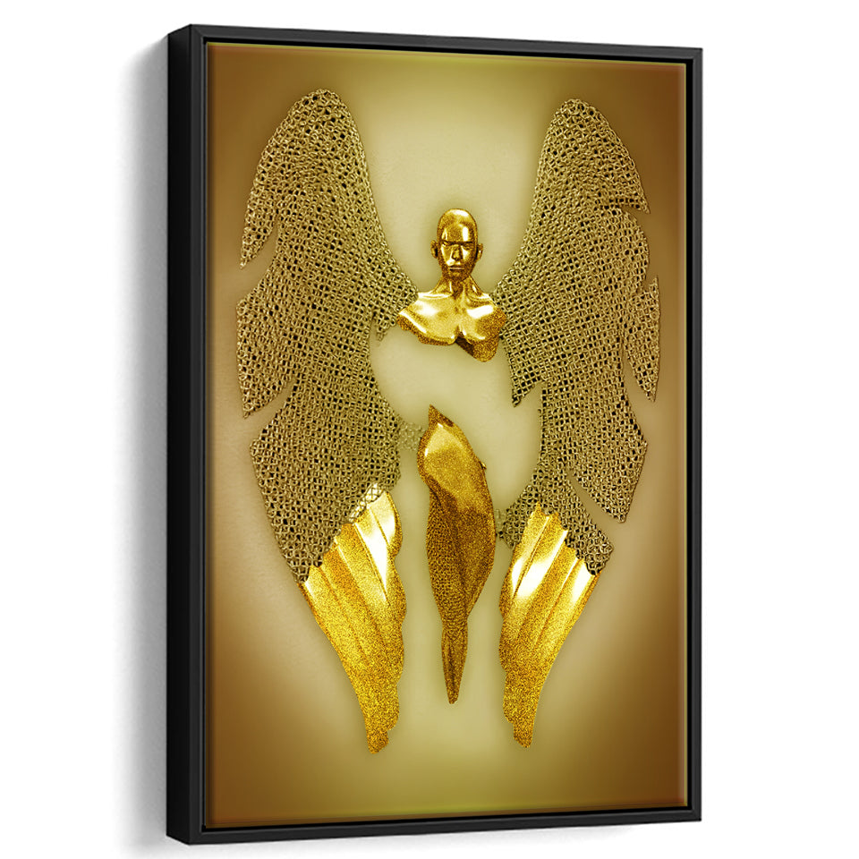 3D Effect Art Fallen Angel Iron Mesh Glitter Gold Background V3 Framed Canvas Prints Wall Art - Painting Canvas,Floating Frame,Wall Decor