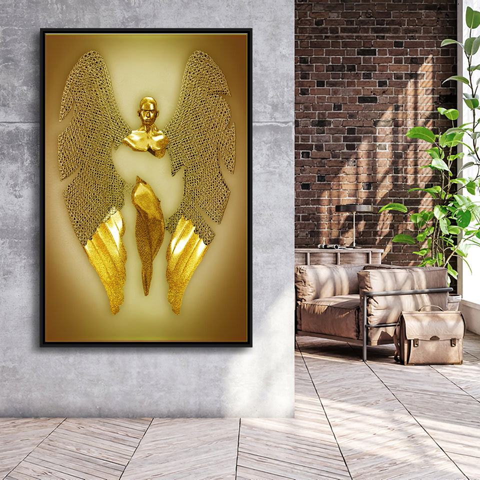 3D Effect Art Fallen Angel Iron Mesh Glitter Gold Background V3 Framed Canvas Prints Wall Art - Painting Canvas,Floating Frame,Wall Decor