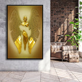 3D Effect Art Fallen Angel Iron Mesh Glitter Gold Background V3 Framed Canvas Prints Wall Art - Painting Canvas,Floating Frame,Wall Decor
