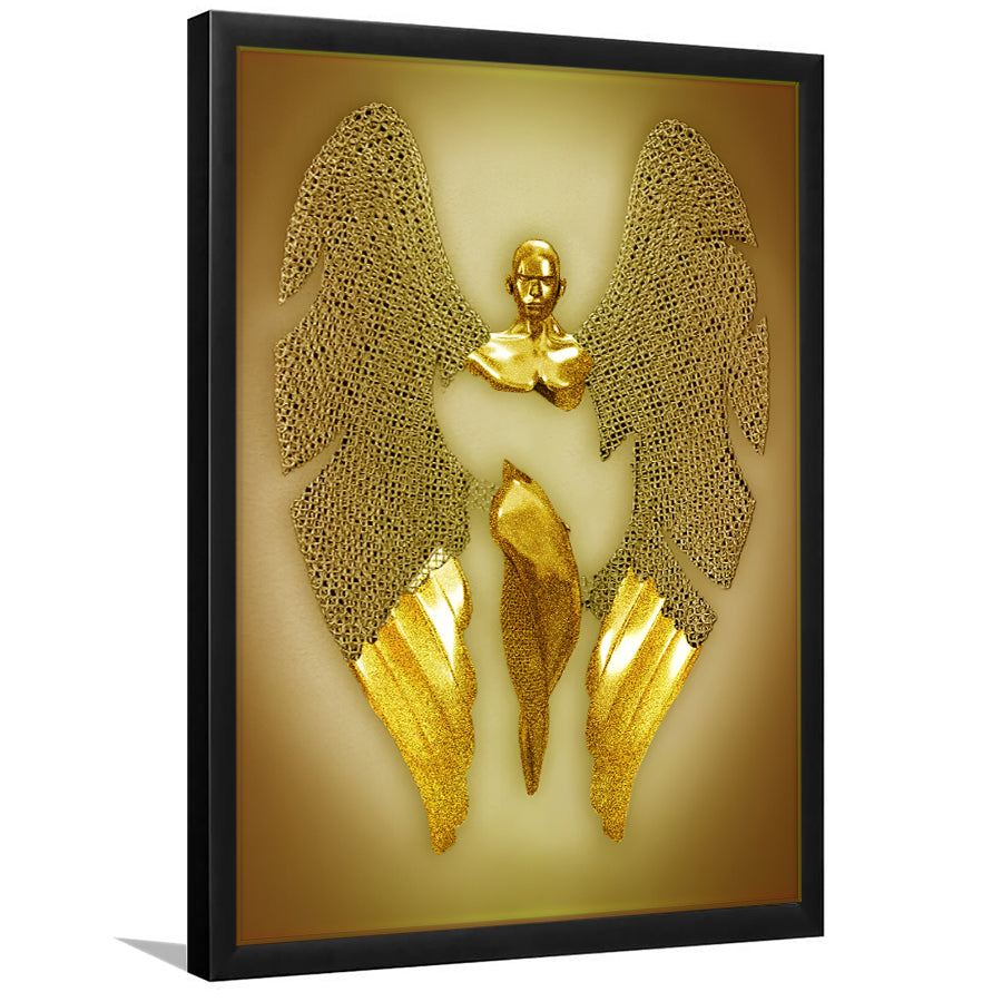 3D Effect Art Fallen Angel Iron Mesh Glitter Gold Background V3 Framed Art Print Wall Decor - Painting Art,Framed Picture,Wall Art