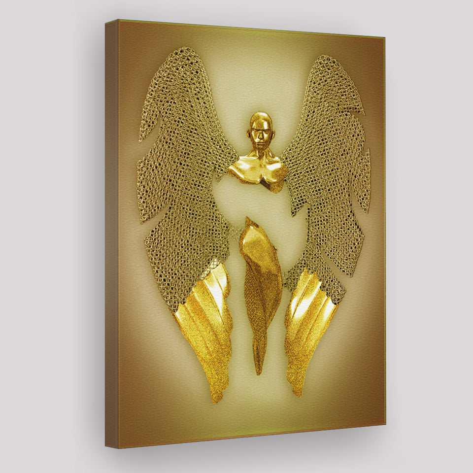 3D Effect Art Fallen Angel Iron Mesh Glitter Gold Background V3 Canvas Prints Wall Art - Painting Canvas, Home Wall Decor, For Sale