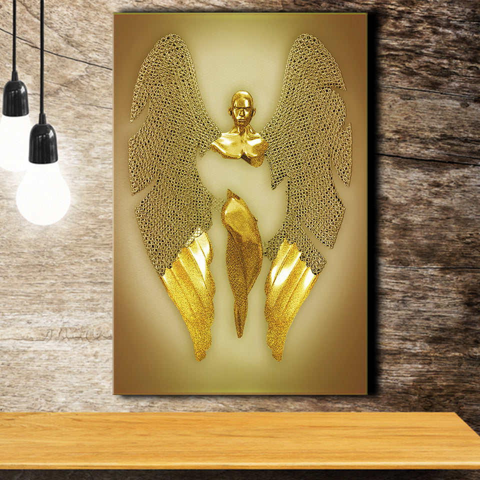 3D Effect Art Fallen Angel Iron Mesh Glitter Gold Background V3 Canvas Prints Wall Art - Painting Canvas, Home Wall Decor, For Sale