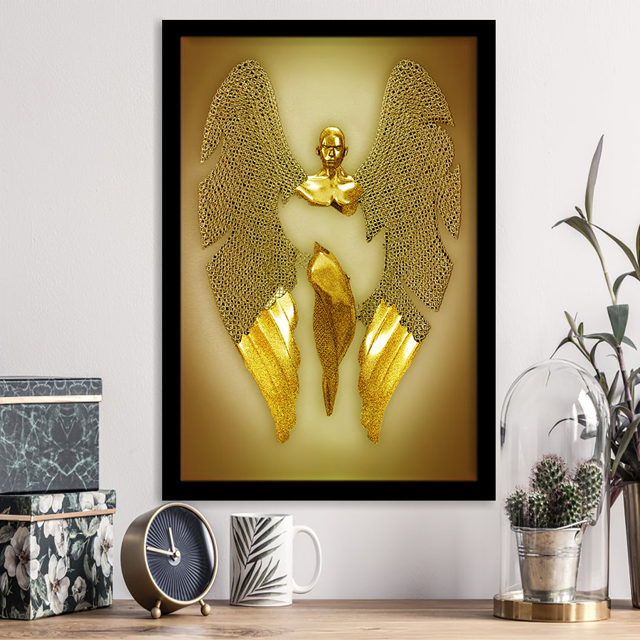 3D Effect Art Fallen Angel Iron Mesh Glitter Gold Background V3 Framed Art Print Wall Decor - Painting Art,Framed Picture,Wall Art