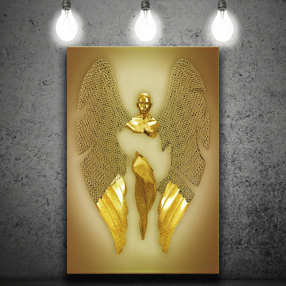 3D Effect Art Fallen Angel Iron Mesh Glitter Gold Background V3 Canvas Prints Wall Art - Painting Canvas, Home Wall Decor, For Sale