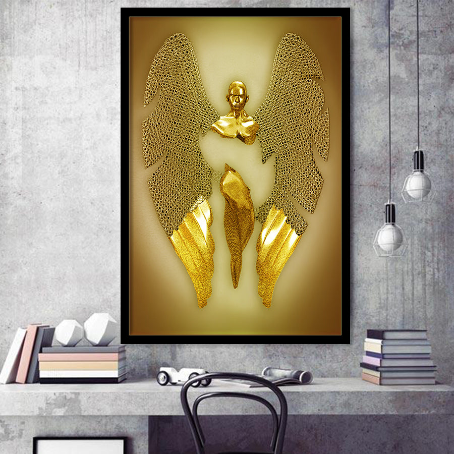3D Effect Art Fallen Angel Iron Mesh Glitter Gold Background V3 Framed Art Print Wall Decor - Painting Art,Framed Picture,Wall Art