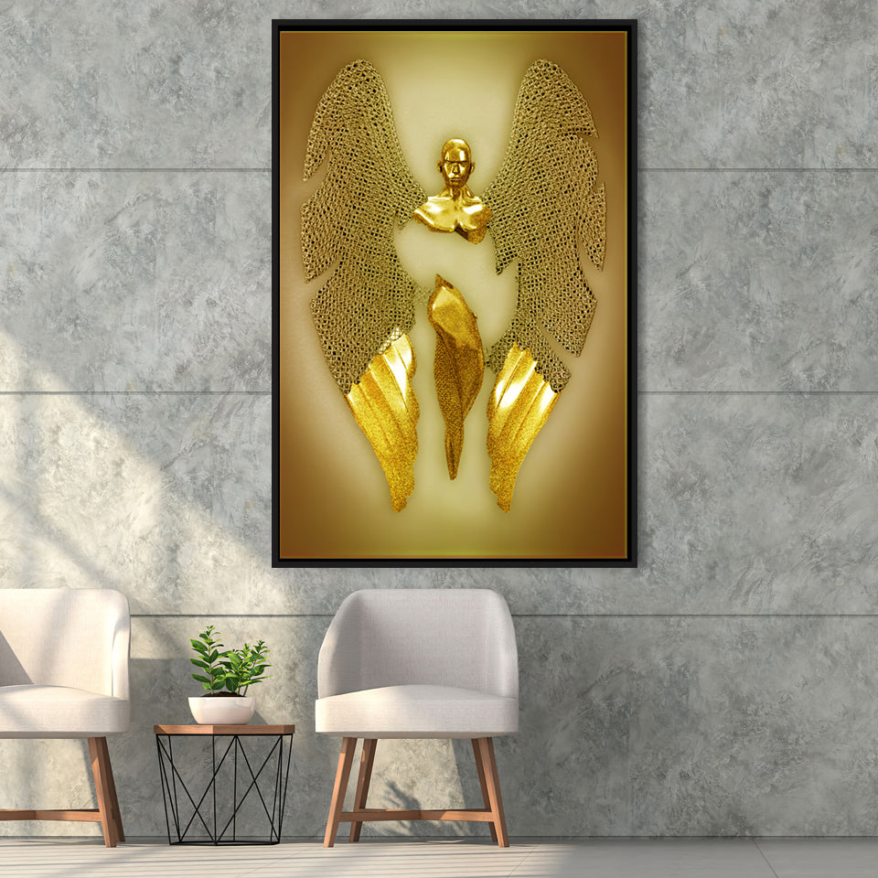 3D Effect Art Fallen Angel Iron Mesh Glitter Gold Background V3 Framed Canvas Prints Wall Art - Painting Canvas,Floating Frame,Wall Decor