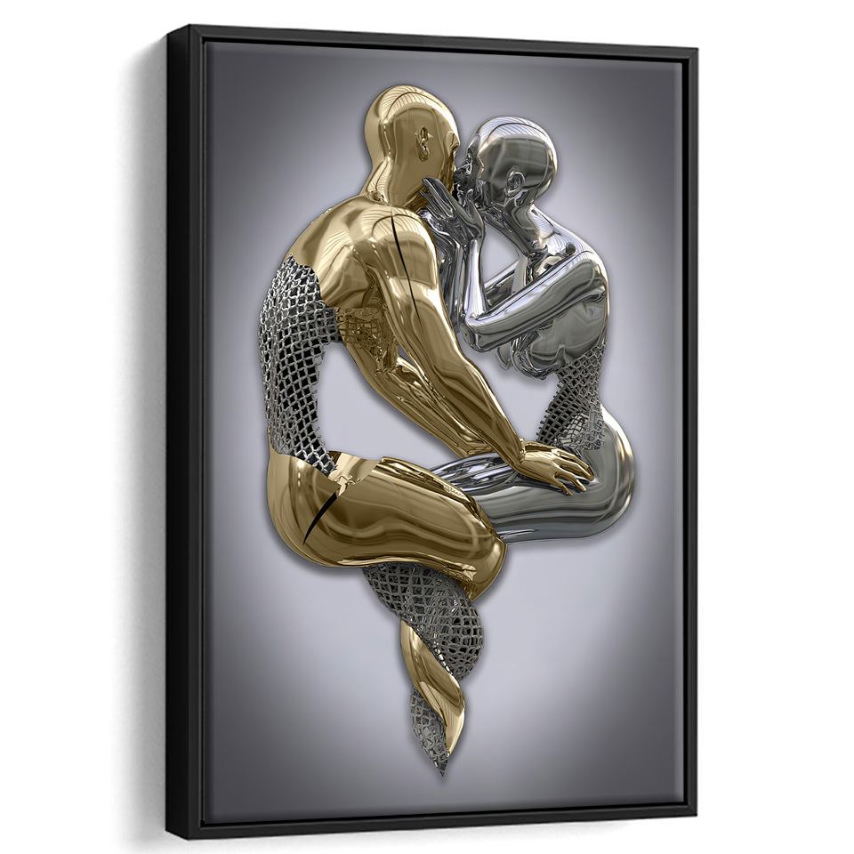 3D Effect Art Hugging Kissing Black & Gold Framed Canvas Prints Wall Art - Painting Canvas, Wall Decor, Art Prints, Floating Frame