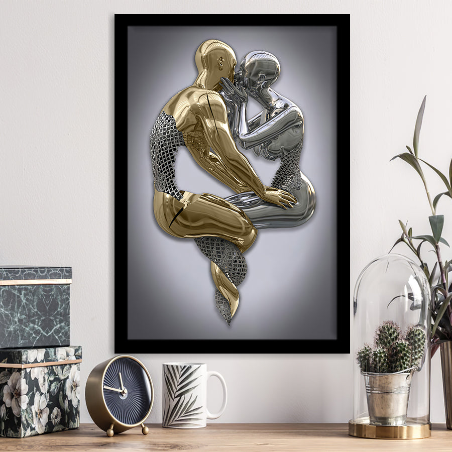 3D Effect Art Hugging Kissing Black & Gold Framed Art Prints Wall Decor - Painting Prints, Wall Art, Black Picture, Ready to hang