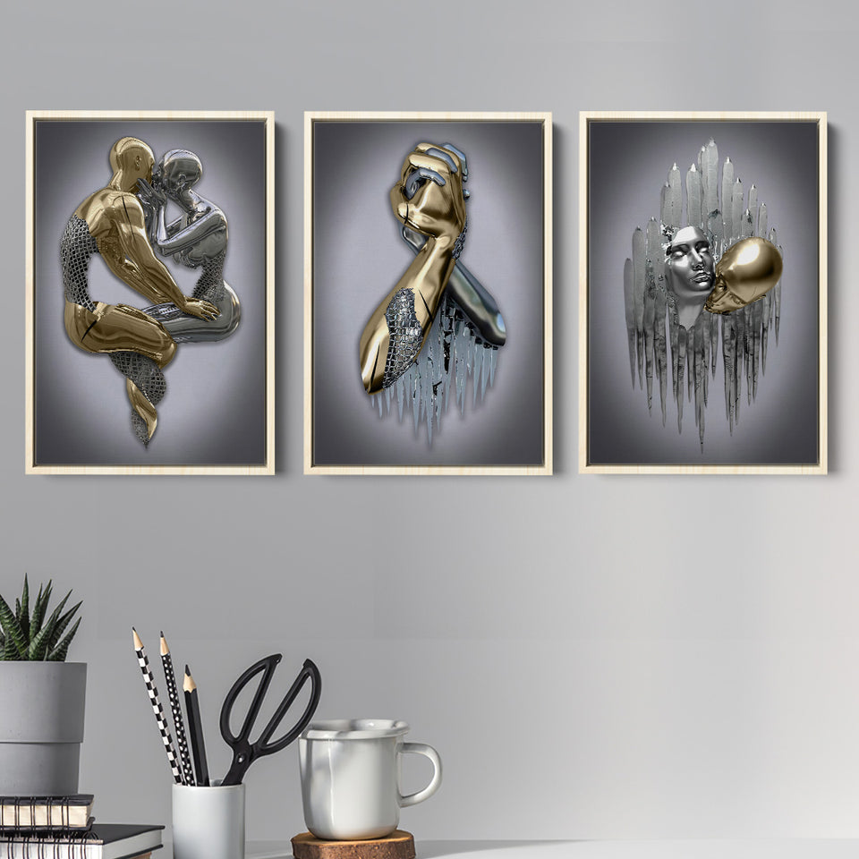 3D Effect Art - Hugging Kissing Black & Gold Set of 3 Piece Framed Canvas Prints Wall Art Decor
