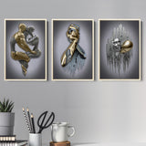 3D Effect Art - Hugging Kissing Black & Gold Set of 3 Piece Framed Canvas Prints Wall Art Decor