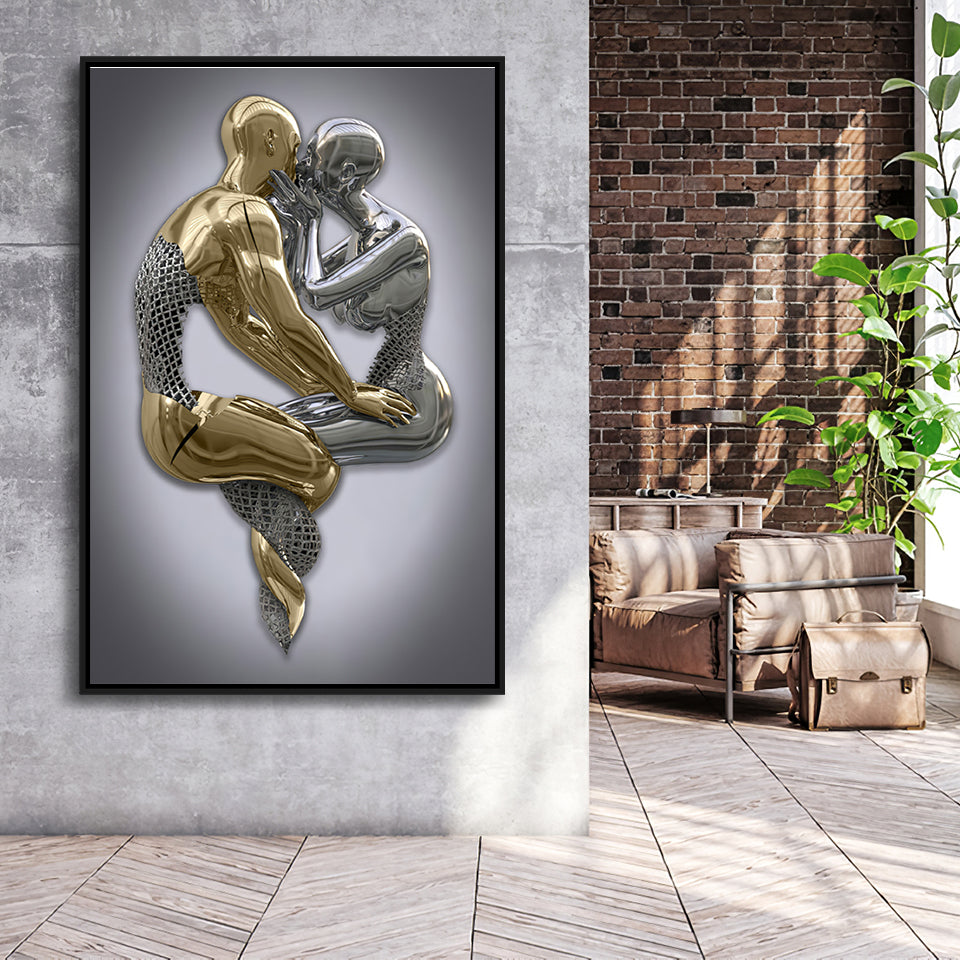 3D Effect Art Hugging Kissing Black & Gold Framed Canvas Prints Wall Art - Painting Canvas, Wall Decor, Art Prints, Floating Frame