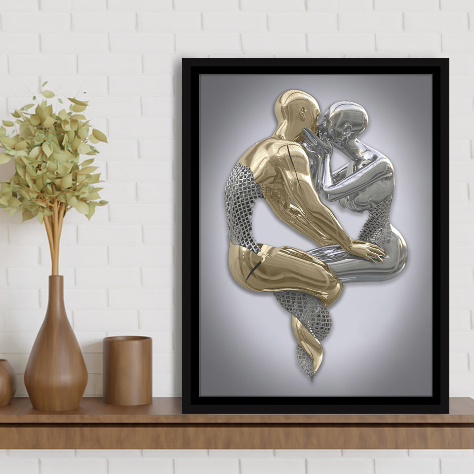 3D Effect Art Hugging Kissing Black & Gold Framed Canvas Prints Wall Art - Painting Canvas, Wall Decor, Art Prints, Floating Frame