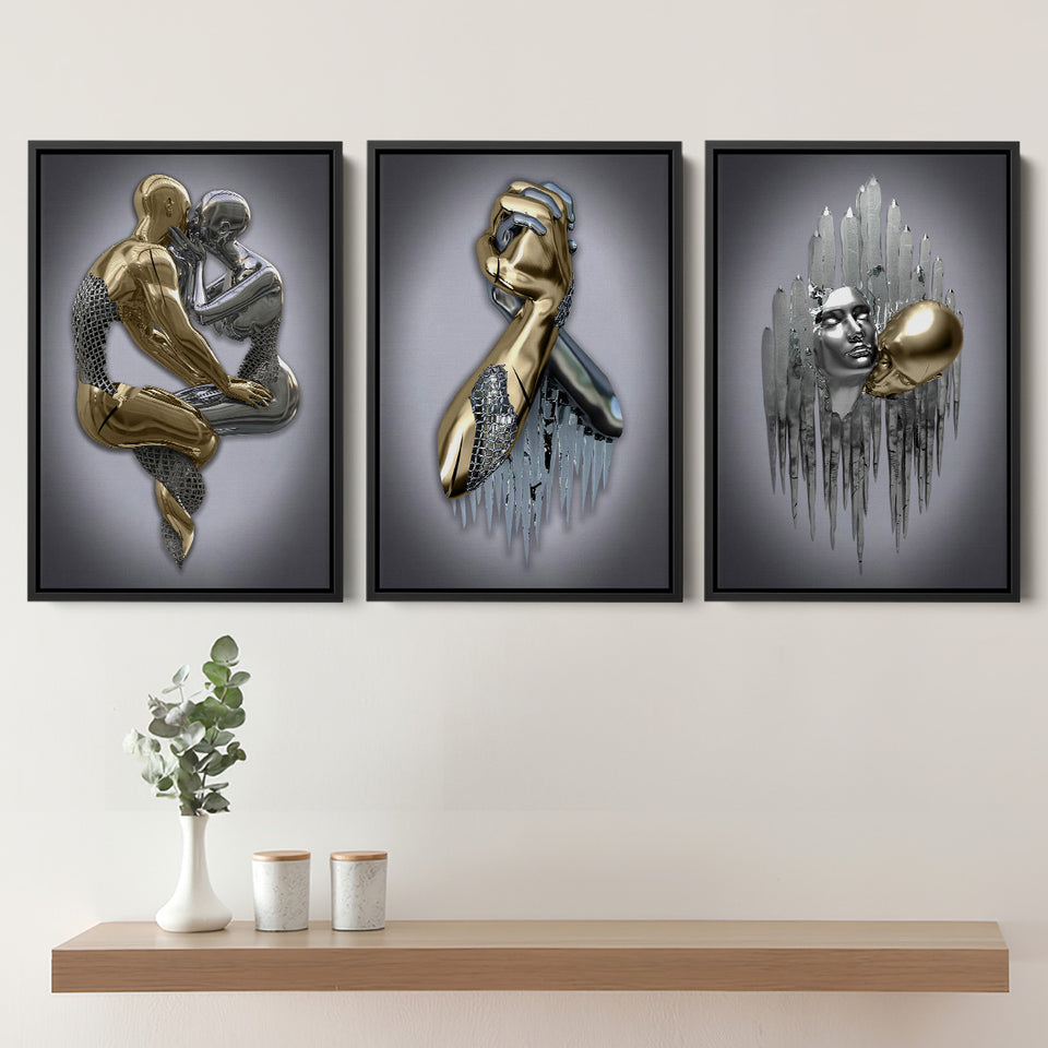3D Effect Art - Hugging Kissing Black & Gold Set of 3 Piece Framed Canvas Prints Wall Art Decor