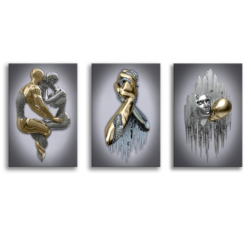 3D Effect Art - Hugging Kissing Black & Gold Set of 3 Piece Canvas Prints Wall Art Decor