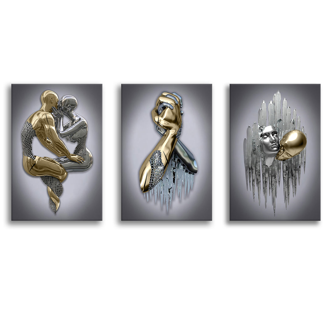 3D Effect Art - Hugging Kissing Black & Gold Set of 3 Piece Canvas Prints Wall Art Decor