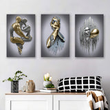 3D Effect Art - Hugging Kissing Black & Gold Set of 3 Piece Canvas Prints Wall Art Decor