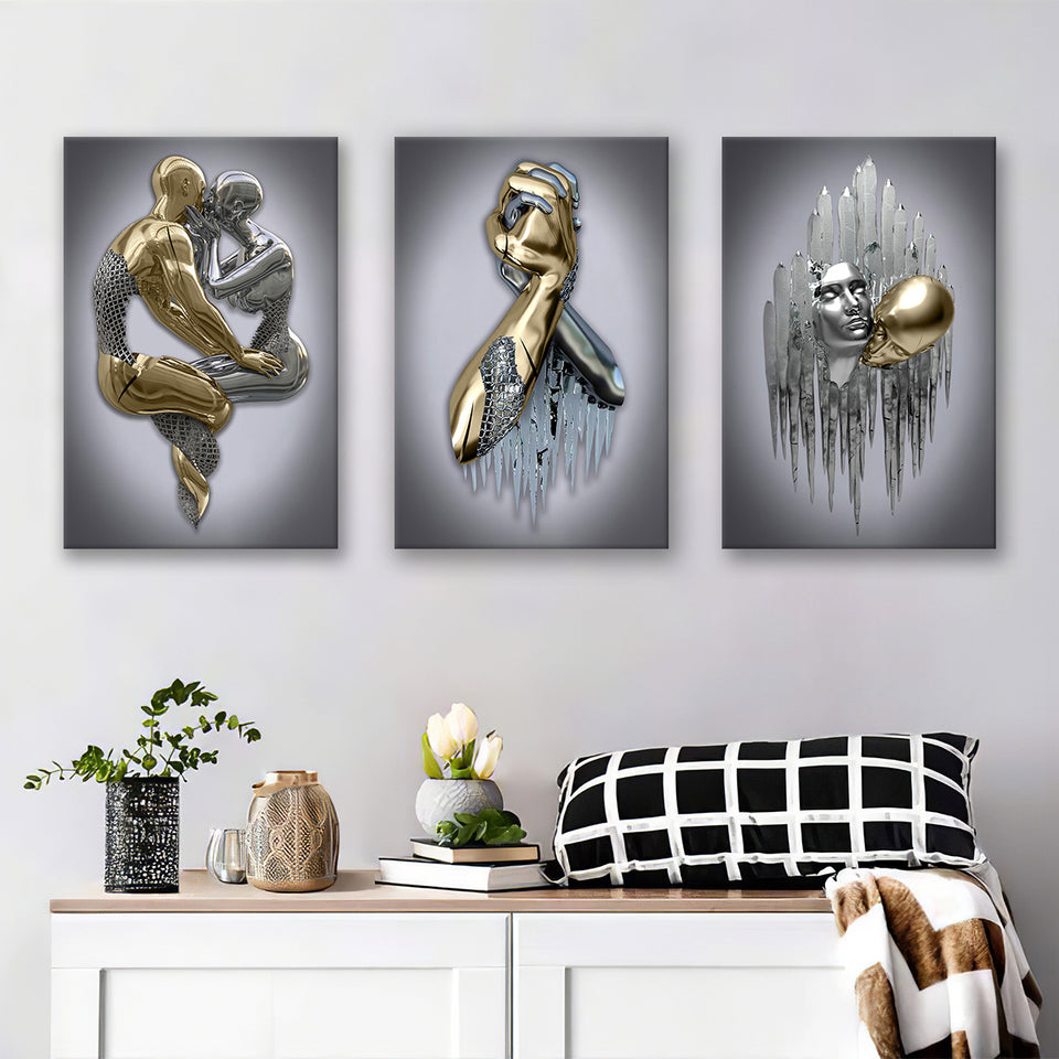 3D Effect Art - Hugging Kissing Black & Gold Set of 3 Piece Canvas Prints Wall Art Decor