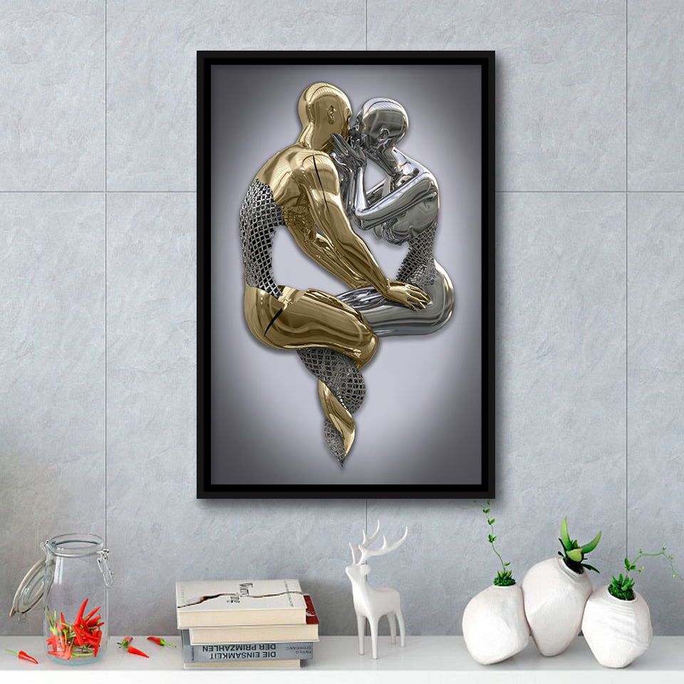 3D Effect Art Hugging Kissing Black & Gold Framed Canvas Prints Wall Art - Painting Canvas, Wall Decor, Art Prints, Floating Frame