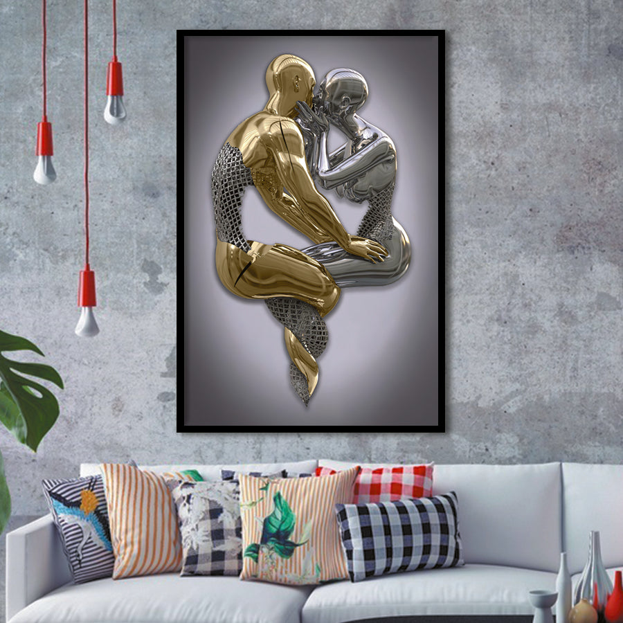 3D Effect Art Hugging Kissing Black & Gold Framed Art Prints Wall Decor - Painting Prints, Wall Art, Black Picture, Ready to hang
