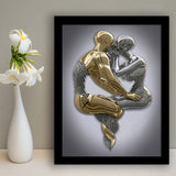 3D Effect Art Hugging Kissing Black & Gold Framed Art Prints Wall Decor - Painting Prints, Wall Art, Black Picture, Ready to hang