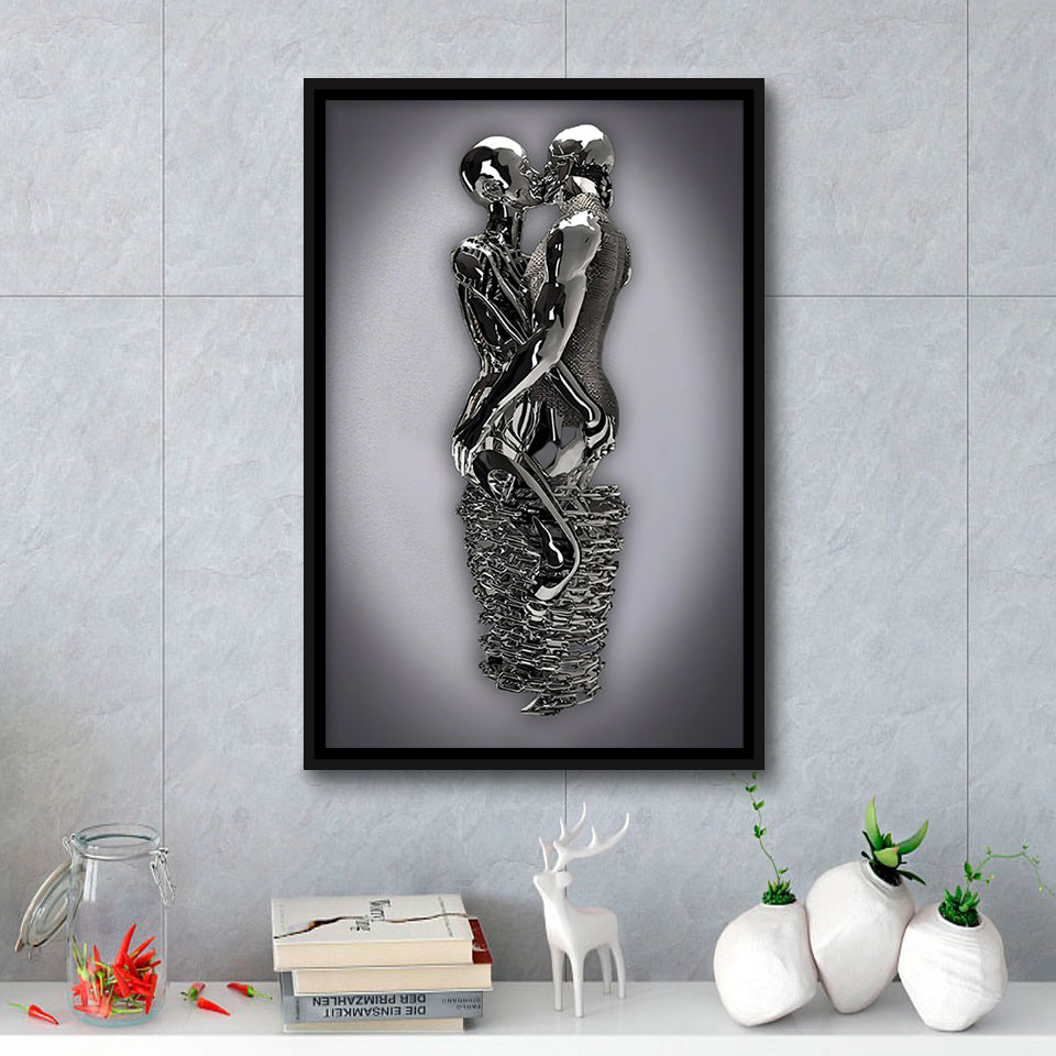 3D Effect Art Hug Lovers Iron Mesh Abstract Art Framed Canvas Prints Wall Art - Painting Canvas,Floating Frame, Home Wall Decor