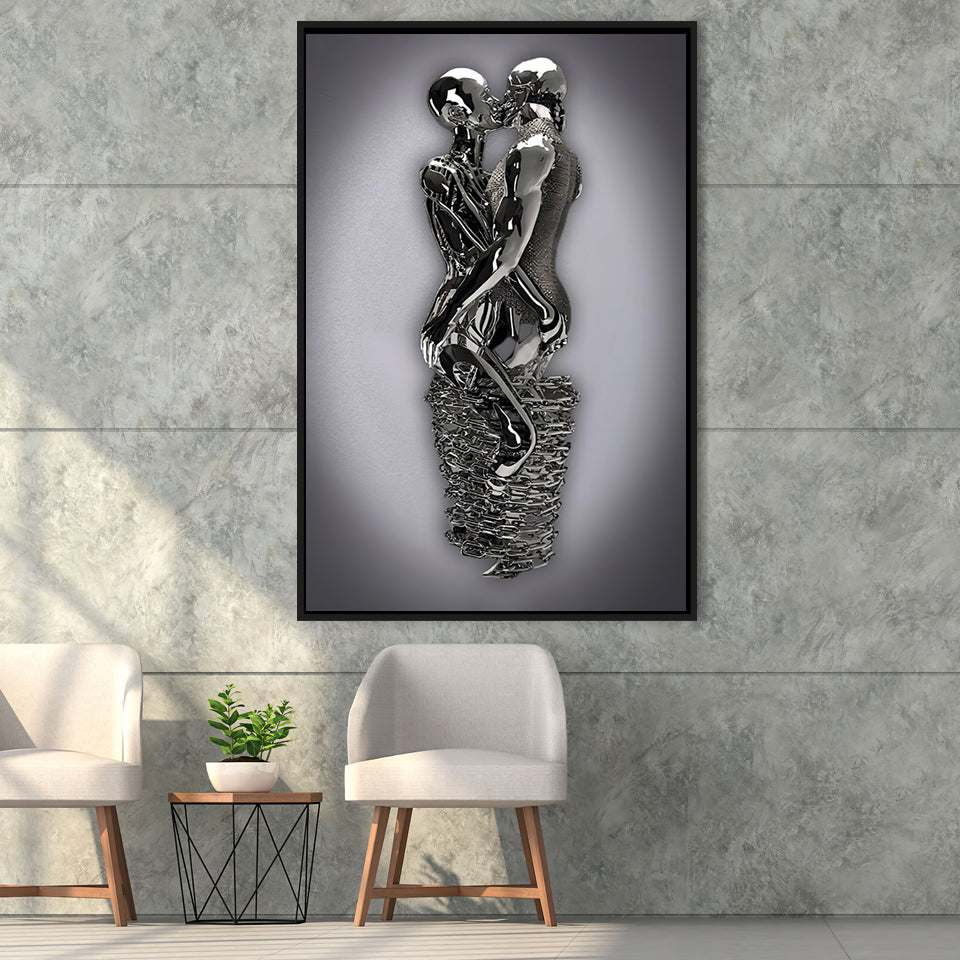 3D Effect Art Hug Lovers Iron Mesh Abstract Art Framed Canvas Prints Wall Art - Painting Canvas,Floating Frame, Home Wall Decor