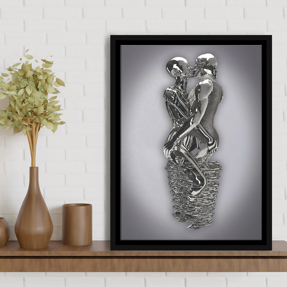 3D Effect Art Hug Lovers Iron Mesh Abstract Art Framed Canvas Prints Wall Art - Painting Canvas,Floating Frame, Home Wall Decor