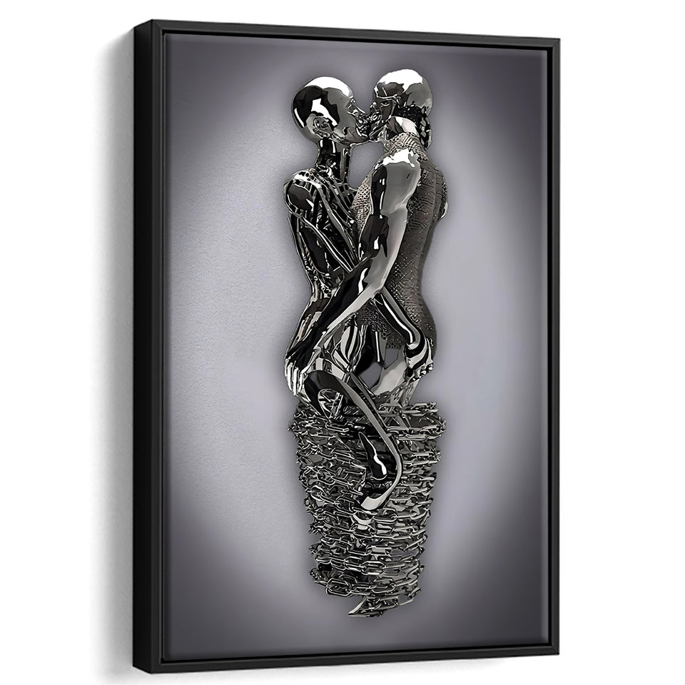 3D Effect Art Hug Lovers Iron Mesh Abstract Art Framed Canvas Prints Wall Art - Painting Canvas,Floating Frame, Home Wall Decor