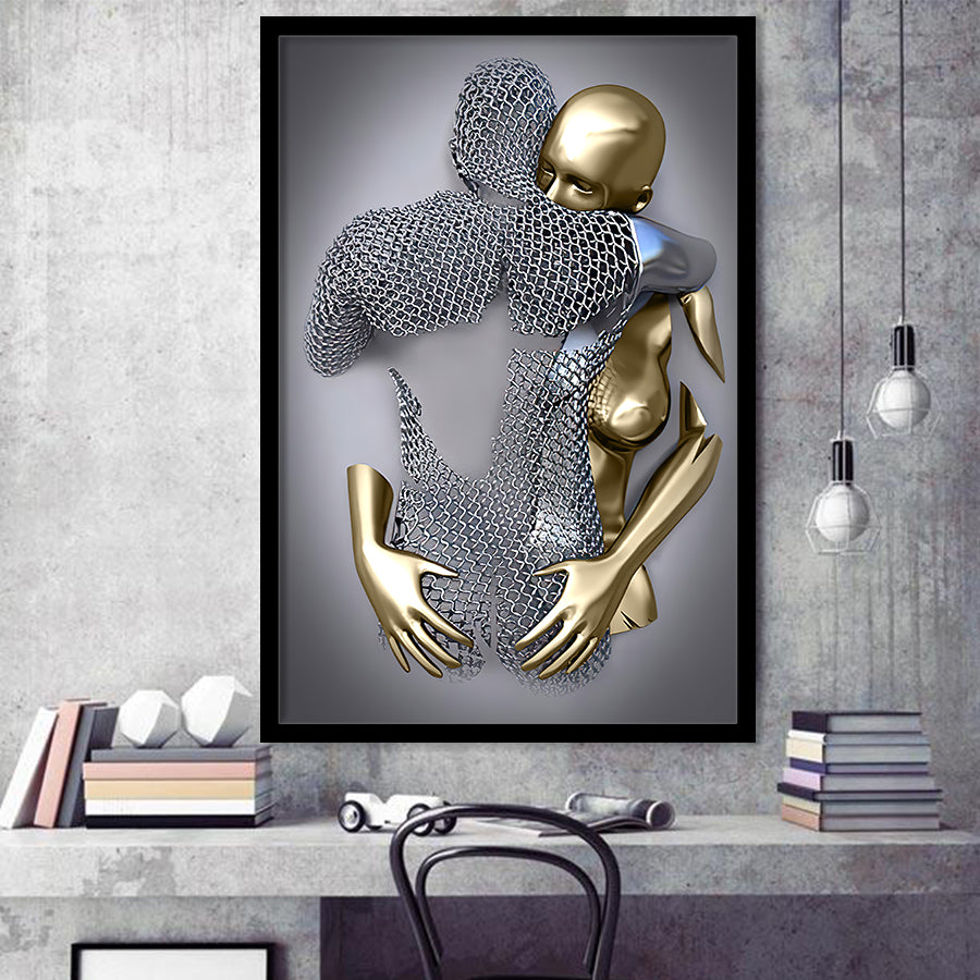 3D Effect Art Hug Love Black & Gold Framed Art Prints Wall Decor - Painting Prints, Wall Art, Black Picture, Ready to hang