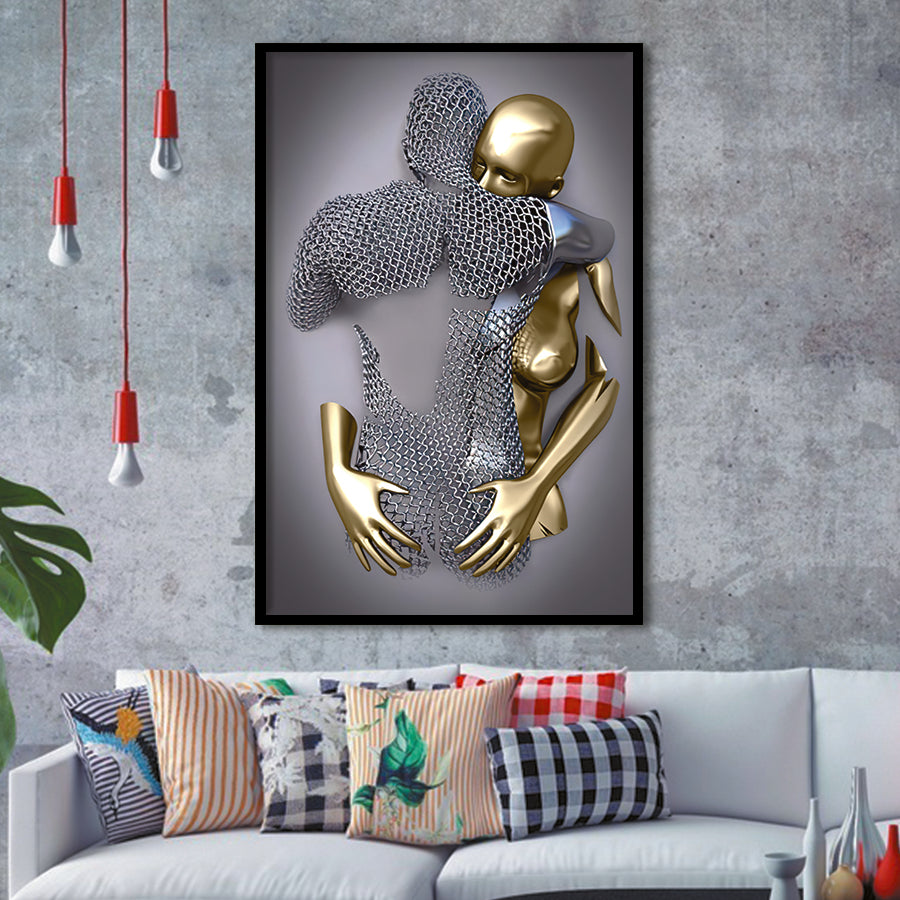 3D Effect Art Hug Love Black & Gold Framed Art Prints Wall Decor - Painting Prints, Wall Art, Black Picture, Ready to hang