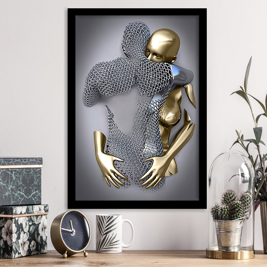 3D Effect Art Hug Love Black & Gold Framed Art Prints Wall Decor - Painting Prints, Wall Art, Black Picture, Ready to hang