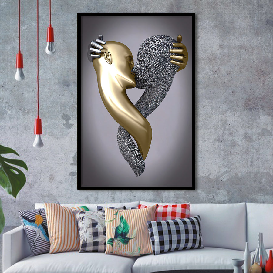 3D Effect Art Kissing Black & Gold Framed Art Prints Wall Decor - Painting Prints, Wall Art, Black Picture, Ready to hang