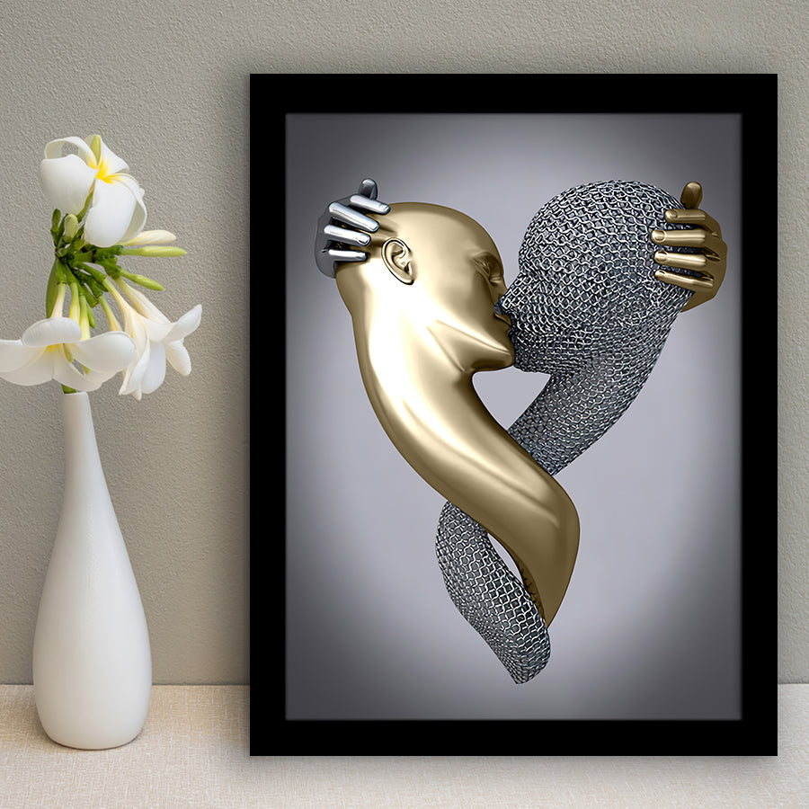 3D Effect Art Kissing Black & Gold Framed Art Prints Wall Decor - Painting Prints, Wall Art, Black Picture, Ready to hang