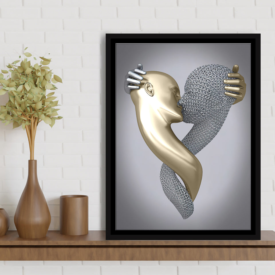 3D Effect Art Kissing Black & Gold Framed Canvas Prints Wall Art - Painting Canvas, Wall Decor, Art Prints, Floating Frame