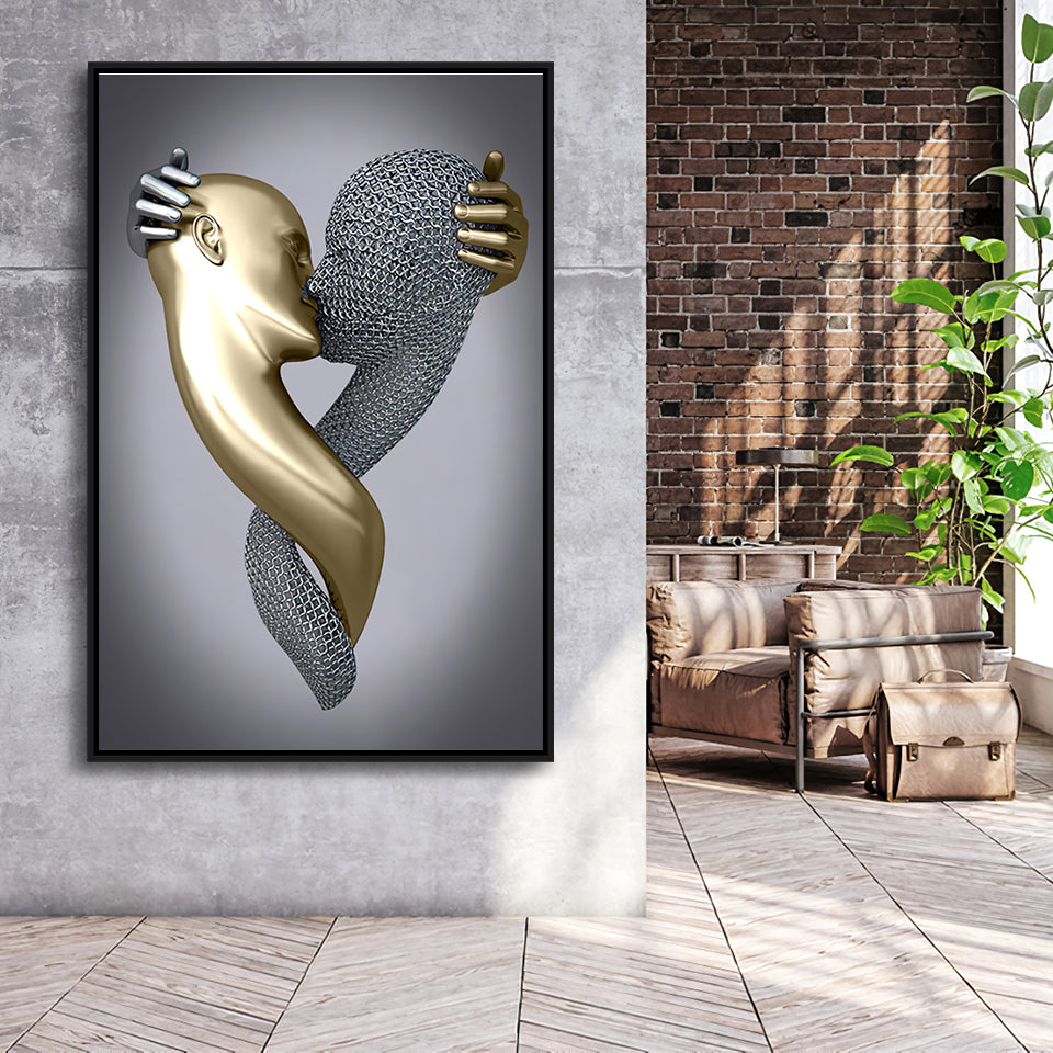 3D Effect Art Kissing Black & Gold Framed Canvas Prints Wall Art - Painting Canvas, Wall Decor, Art Prints, Floating Frame