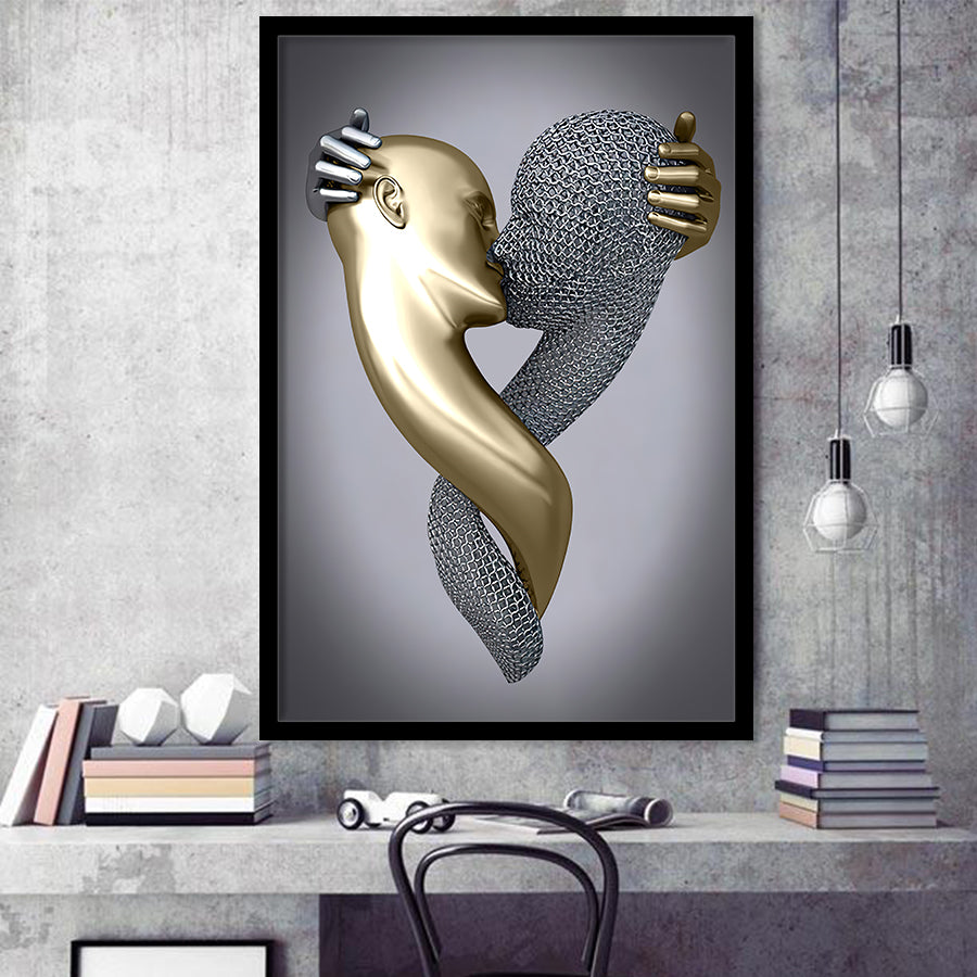 3D Effect Art Kissing Black & Gold Framed Art Prints Wall Decor - Painting Prints, Wall Art, Black Picture, Ready to hang