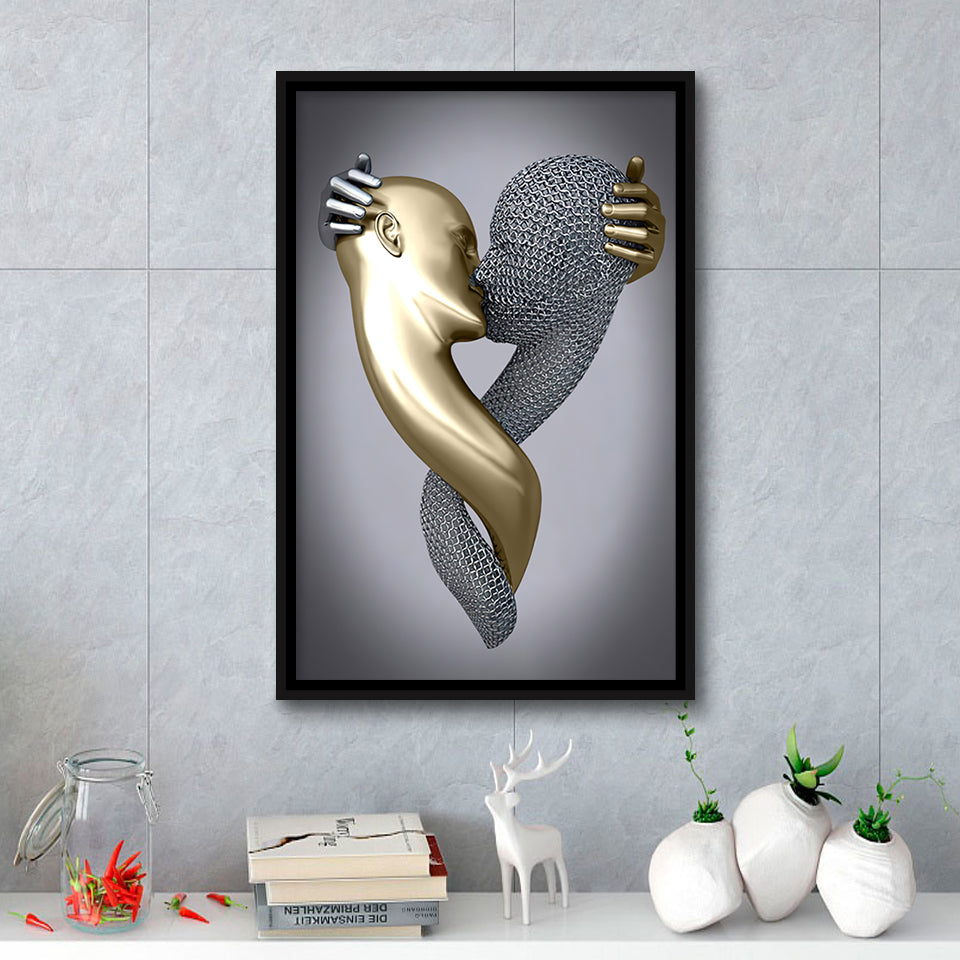 3D Effect Art Kissing Black & Gold Framed Canvas Prints Wall Art - Painting Canvas, Wall Decor, Art Prints, Floating Frame