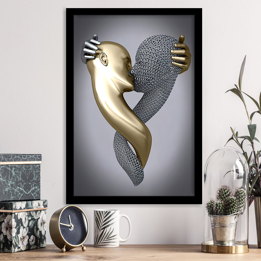 3D Effect Art Kissing Black & Gold Framed Art Prints Wall Decor - Painting Prints, Wall Art, Black Picture, Ready to hang