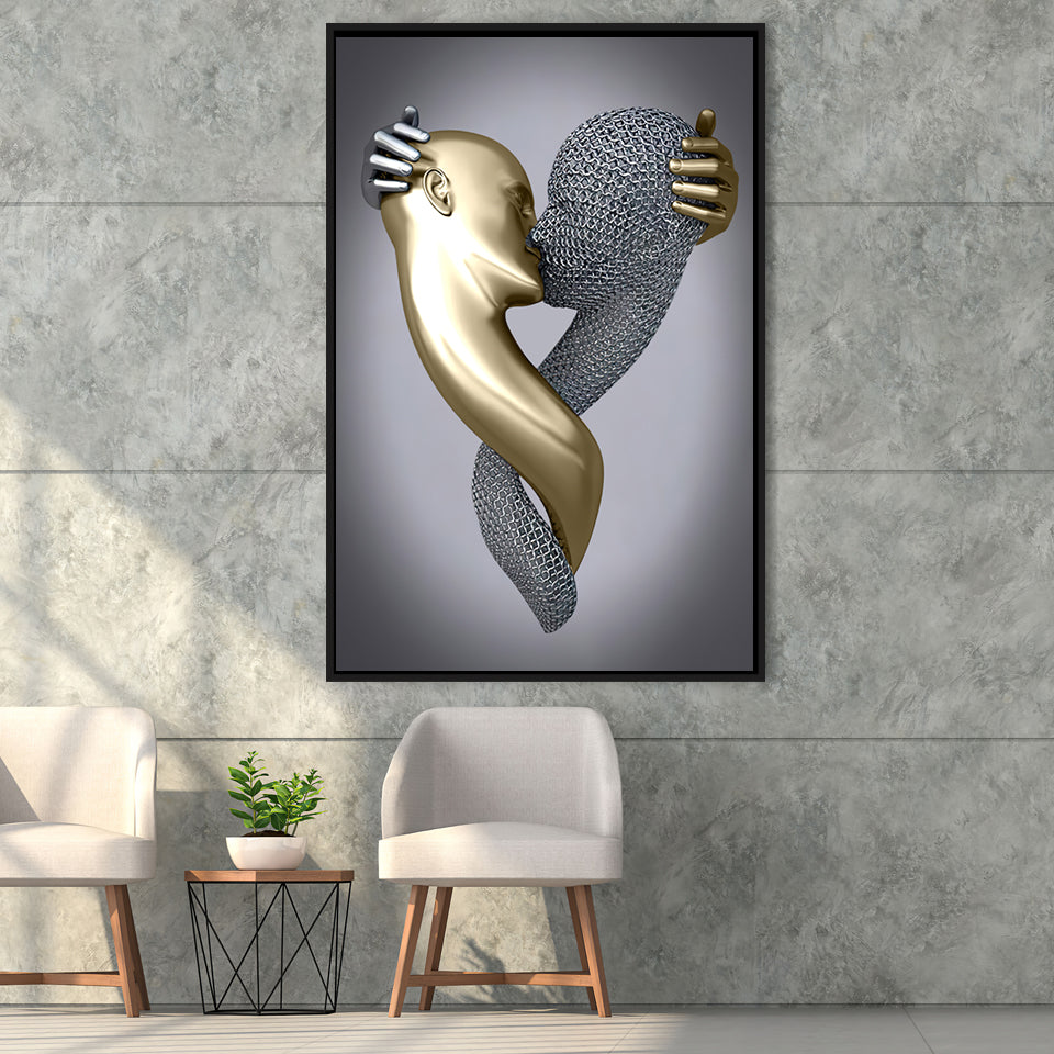 3D Effect Art Kissing Black & Gold Framed Canvas Prints Wall Art - Painting Canvas, Wall Decor, Art Prints, Floating Frame