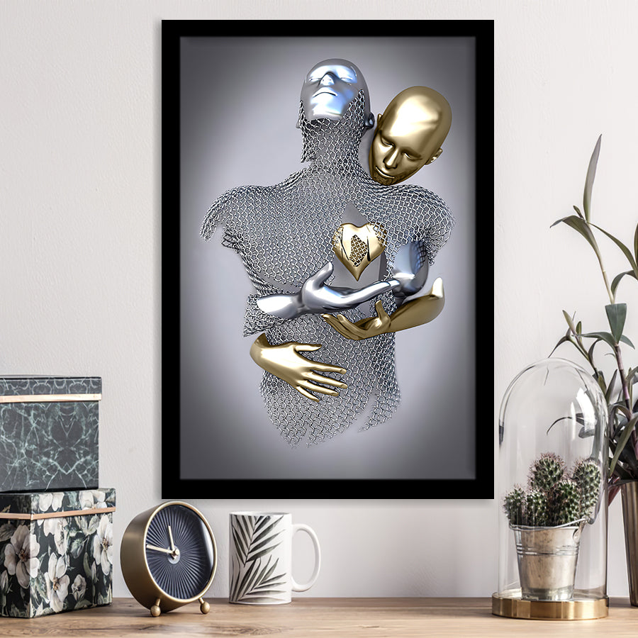 3D Effect Art Love Heart Black & Gold Framed Art Prints Wall Decor - Painting Prints, Wall Art, Black Picture, Ready to hang